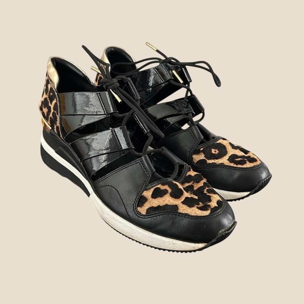 Michael Kors Felix Black Leopard Calf Hair Wedge Sneakers Shoes Womens 9M